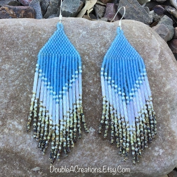 Sky Blue Beaded Earrings With Picasso Rattlesnake Fringe, Handmade - Picture 1 of 7